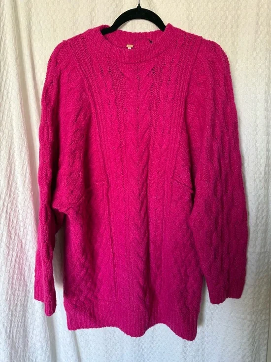 Free People Loveship Chunky Knit Sweater Hot Pink Cable Knit Oversized XS - Picture 2 of 5